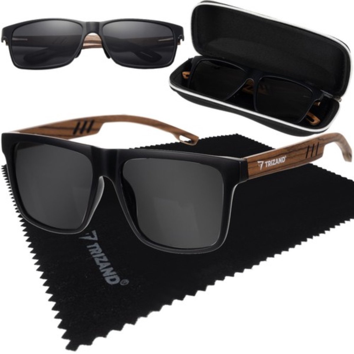 Zonnebril met Polarisatie - UV400 - Houten Pootjes - Unisex - Zwart