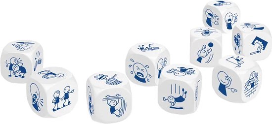Negen witte dobbelstenen met blauwe pictogrammen van acties zoals vallen, schreeuwen en basketballen.