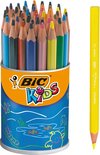 Blik met BIC Kids Evolution potloden, met een gele potlood ernaast.
