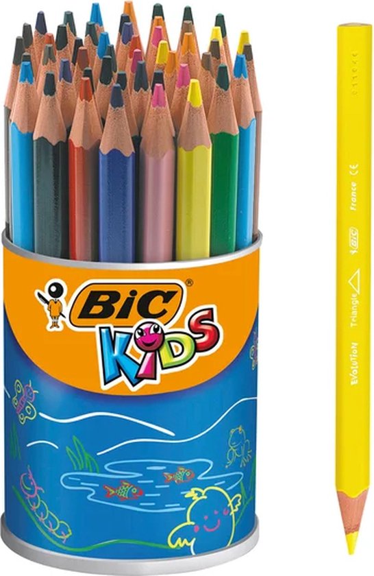 Blik met BIC Kids Evolution potloden, met een gele potlood ernaast.