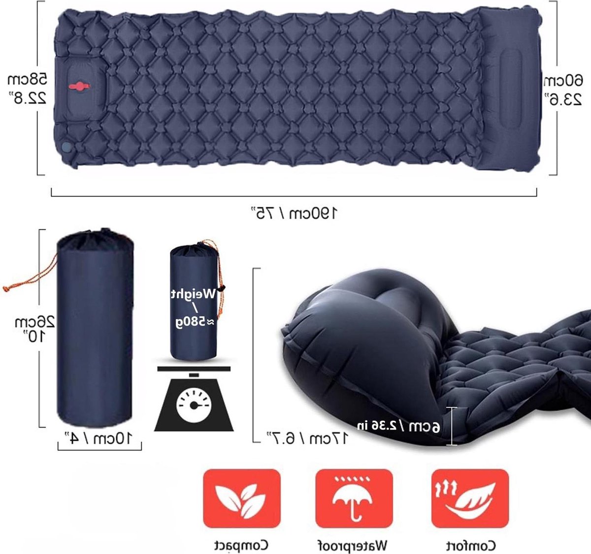 Ultralichte zelfopblazende slaapmat met ingebouwde voetpomp en kussen voor kamperen backpacken wandelen reizen - Marineblauw