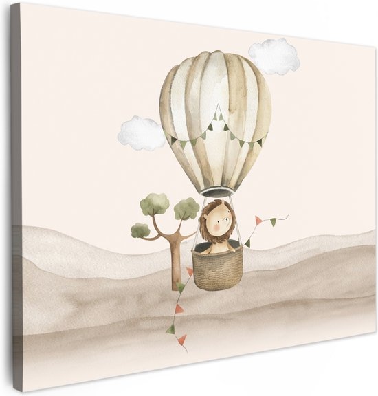 Canvas schilderij 40x30 cm - Wanddecoratie kinderkamer Luchtballon - Leeuw - Watercolor - Safari - Dieren - Muurdecoratie babykamer - Kamer decoratie voor jongens en meisjes - Baby accessoires - Schilderijen