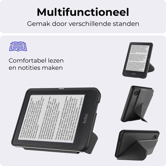 Zwarte, gevouwen e-readerhoes in verschillende standen.