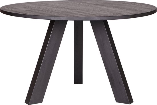Table à manger ronde noire avec un pied incliné, sur fond blanc.