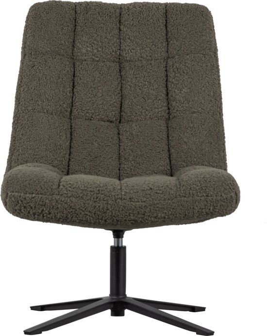 Groene teddy fauteuil met vierkante capitonnage en zwart metalen draaipoot.