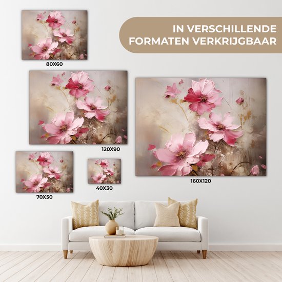 Verschillende maten canvas schilderijen met roze bloemen.