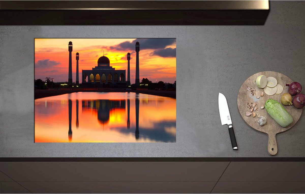 Inductieplaat Beschermer - Central Mosque of Songklha in Thailand bij Avondzon - 70x52 cm - 2 mm Dik - Inductie Beschermer - Bescherming Inductiekookplaat - Kookplaat Beschermer van Wit Vinyl