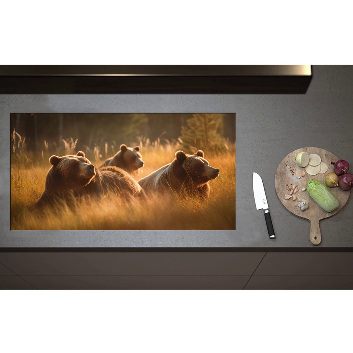 Inductieplaat Beschermer - Bruine beren in bruin gekleurd hoog gras - 95x50 cm - 2 mm Dik - Inductie Beschermer - Bescherming Inductiekookplaat - Kookplaat Beschermer van Zwart Vinyl
