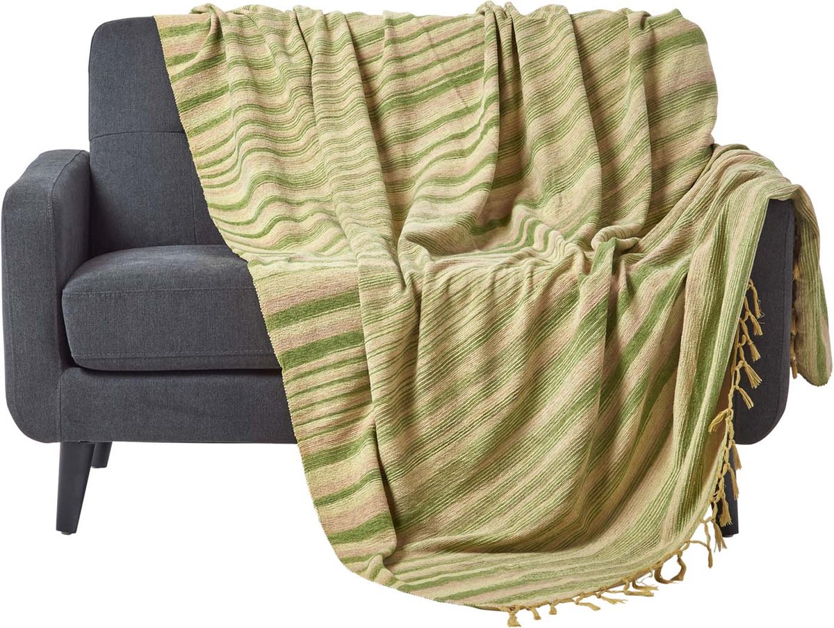 Homescapes Gestreept Chenille Plaid 100% Katoen Groen 150 x 200 cm