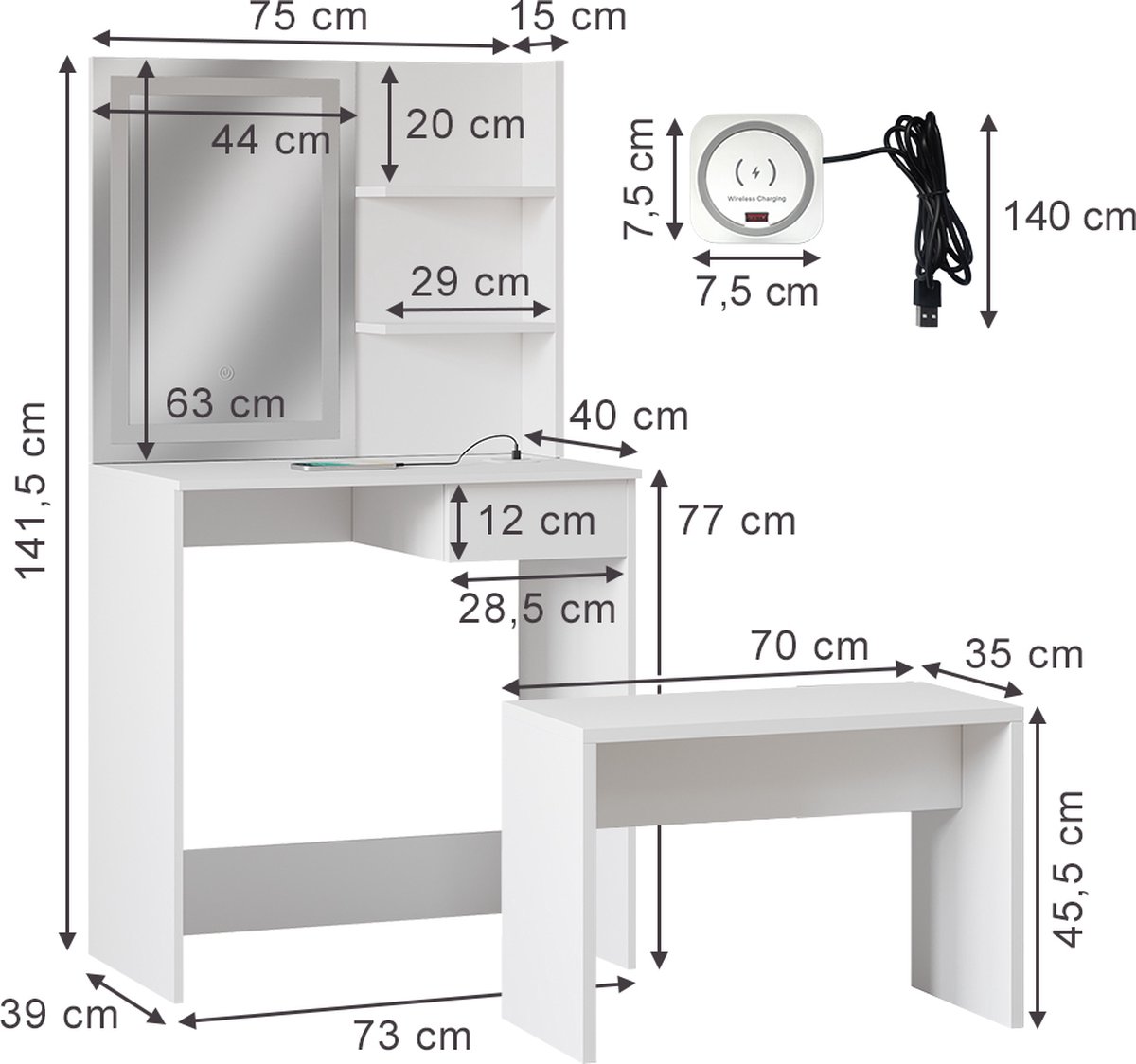 Vicco Coiffeuse Dekos, blanc, 75 cm avec miroir LED, chargeur