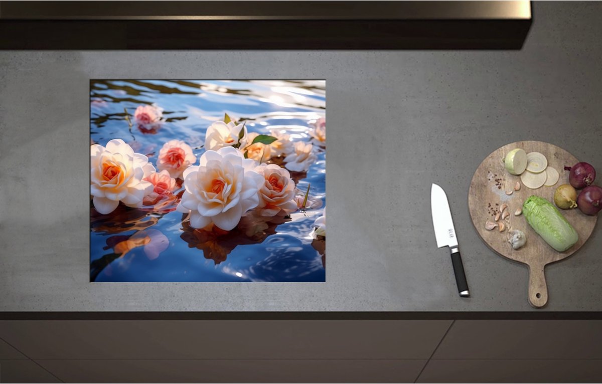 Inductieplaat Beschermer - Camellia Bloemen in het Water - 59x51 cm - 2 mm Dik - Inductie Beschermer - Bescherming Inductiekookplaat - Kookplaat Beschermer van Zwart Vinyl