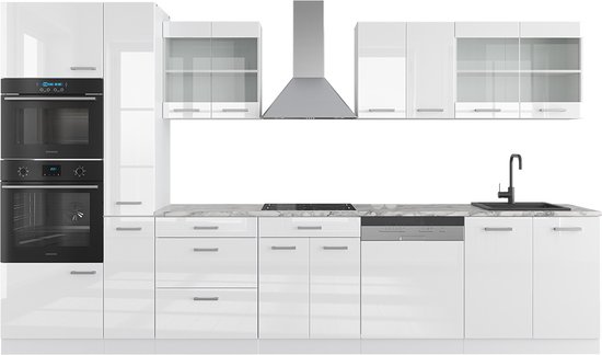 Meuble de cuisine complet Vicco R- Line, Wit brillant/Blanc/ Wit, 350 cm avec meuble haut, sans plan de travail
