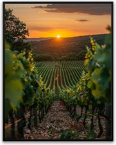 Wijngaard ondergaande zon fotolijst met glas 40 x 50 cm - Prachtige kwaliteit - Wijn -Spanje - Frankrijk - Italie - Harde lijst - schilderij - Glazen plaat - incl ophangsysteem - Grappige Poster - Foto ingelijst - Canvas