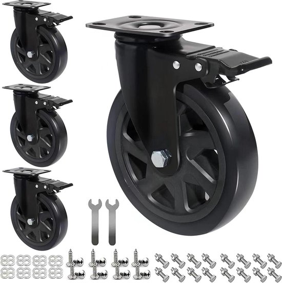 IQWTU 4 meubelwielen, belasting 1500 kg, 65 mm wielen voor steekwagen met platte remmen, nylon, 360° draaibare wielen, industriële wielen met plaat, dubbele lagers voor zware toepassingen
