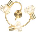 Gouden plafondlamp met een gebogen arm en drie spots met geometrische armaturen.