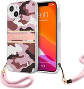 GUESS, Camo hoesje Geschikt voor Apple Geschikt voor Apple iPhone 13 Mini met nylon riem, Roze