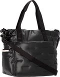 Zwarte Hedgren shopper met gewatteerd voorvak, hengsels en schouderband.