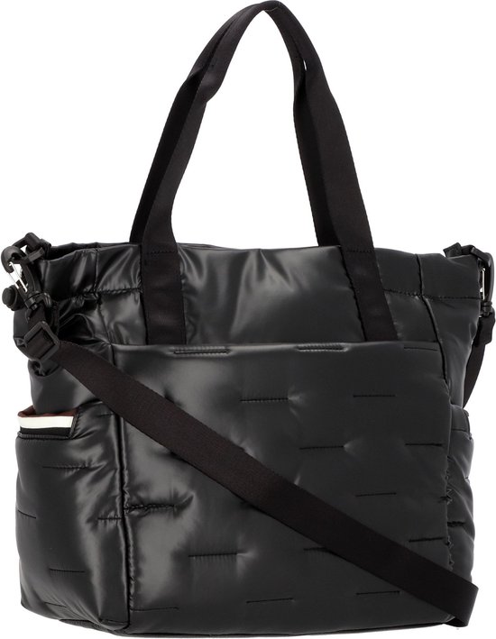 Zwarte Hedgren shopper met gewatteerd voorvak, hengsels en schouderband.