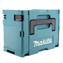 Turquoise Makita MAKPAC koffer maat 3, gedeeltelijk geopend, vanaf de zijkant.