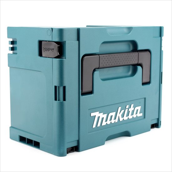 Turquoise Makita MAKPAC koffer maat 3, gedeeltelijk geopend, vanaf de zijkant.