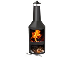 BBQ Collection Buitenhaard met Schoorsteen - Tuinhaard 134 x 44,5 x 44,5 cm - Terrashaard voor Brandhout - Terraskachel met As-Opvangbak, Pook en Houtopslag - Tuin en Terras - Carbon Staal