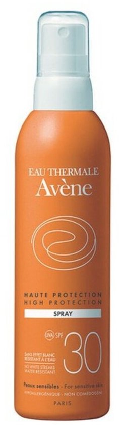 Oranje Avène spuitfles met 'HAUTE PROTECTION HIGH PROTECTION' en SPF 30.