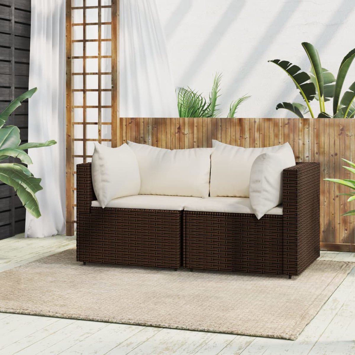 vidaXL Tuinhoekbanken - met - kussens - 2 - st - poly - rattan - bruin