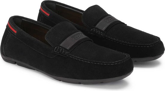 Mocassins en daim noir ornés d'un ruban logotypé