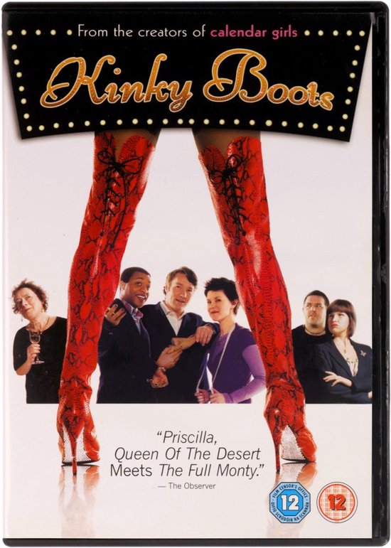 Voorzijde DVD-hoes van Kinky Boots met rode laarzen en cast.