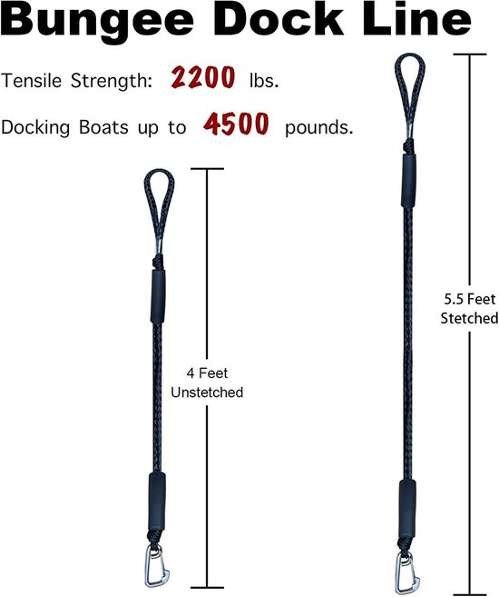 2 Cordes D'Amarrage Élastiques - 4 Pieds - Pour Bateaux, Kayaks - Polyéthylène