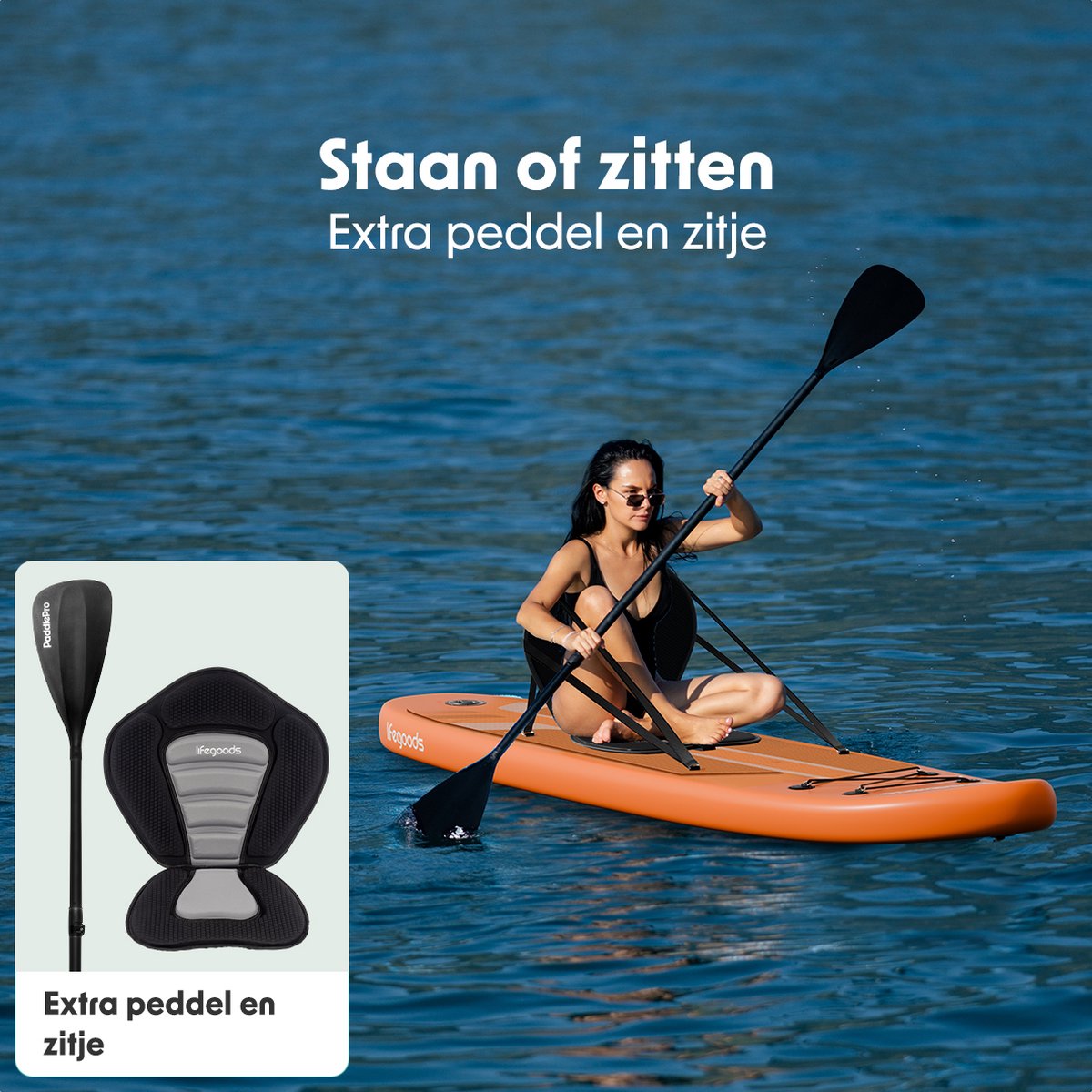LifeGoods PaddlePro SUP Board - Luxe Set - met Zitje - Opblaasbaar Paddle Board - Max. 150KG - 320x81cm - Oranje – foto 5