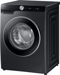 Zwarte Samsung wasmachine met glanzende ronde deur, zilverkleurige ring en digitaal display.
