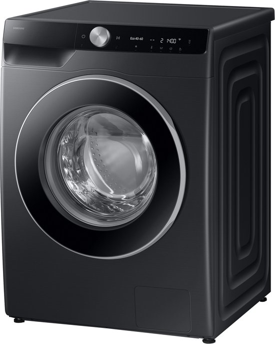 Zwarte Samsung wasmachine met glanzende ronde deur, zilverkleurige ring en digitaal display.