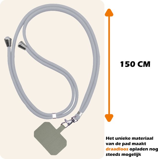 Cordon de téléphone gris clair de 150 cm, de longueur réglable, avec une languette vert pâle à son extrémité.