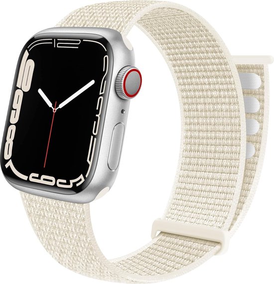 Zilverkleurig Apple Watch met een gebroken wit, geweven nylon bandje.