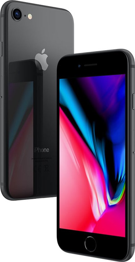 Donkergrijze iPhone 8 van voren en achteren, met een kleurrijk scherm.