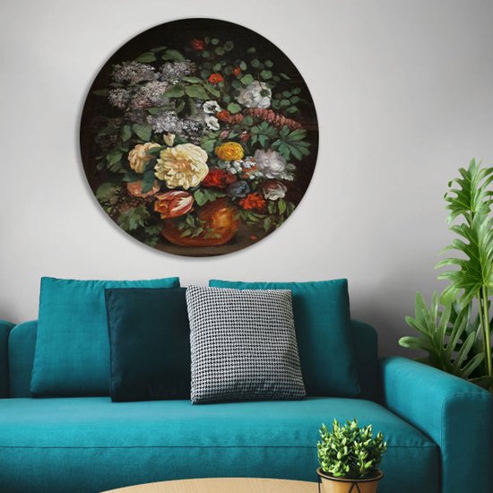 Vaas met seringen, rozen en tulpen - Gustave Courbet schilderij - Stilleven wandcirkel - Rond schilderij Natuur - Muurdecoratie kinderkamer - Wandcirkels - Wanddecoratie slaapkamer muurcirkel forex 90x90 cm