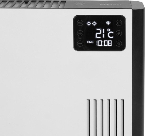 Detail van het zwarte display op een witte Eurom convectorkachel met 21 graden.