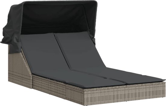 vidaXL Chaise longue double - Chaises longues double - Chaise longue de jardin - Chaise longue 2 personnes avec auvent et coussins - Résine tressée grise