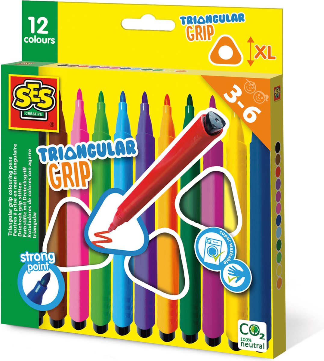 SES- Ik Leer - Driehoek Grip Stiften - ergonomische grip - dikke stiften - goed uitwasbaar - heldere kleuren - 12 stiften - Stiften kinderen