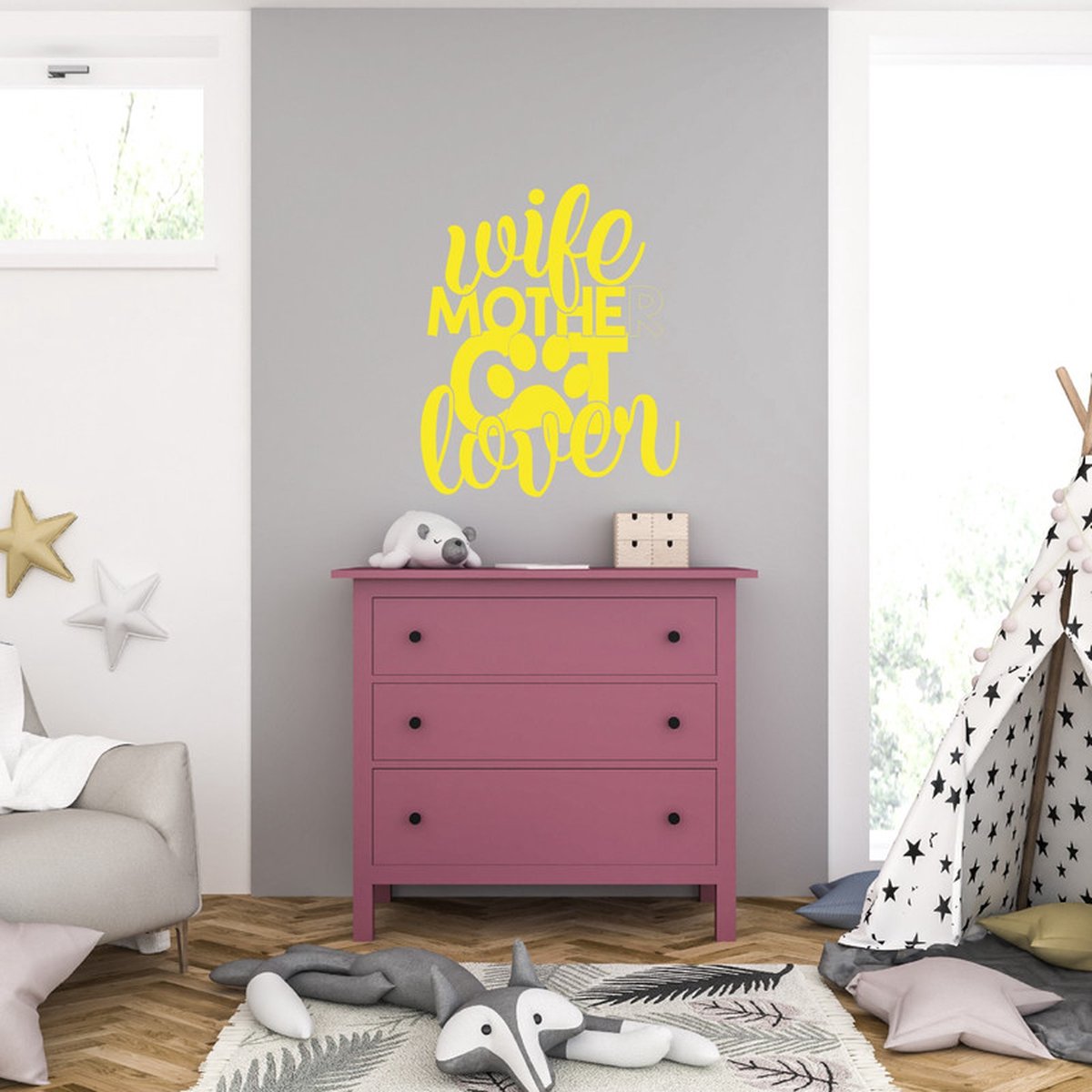 MC Living Muursticker - Wife Mother Cat Lover - 40,6 x 49 - Geel