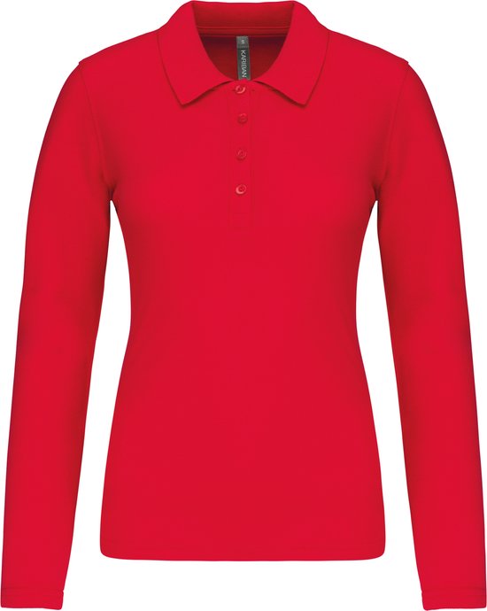 Rode damespoloshirt met lange mouwen, kraag en knoopsluiting.