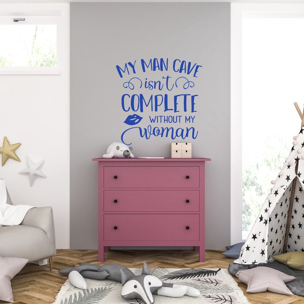 MC Living Muursticker - My Man Cave isnt Complete - 46,4 x 46,4 - Blauw