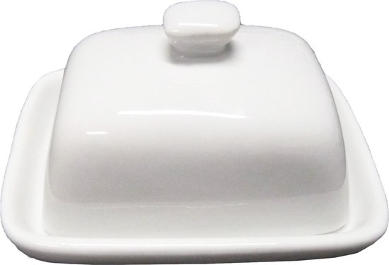 Lenvié Botervloot Porselein Inclusief Botermes - Boterschaal Met Eikenhouten Deksel 500 Ml Parelwit Tafelgerei Luxe Vershouddoos