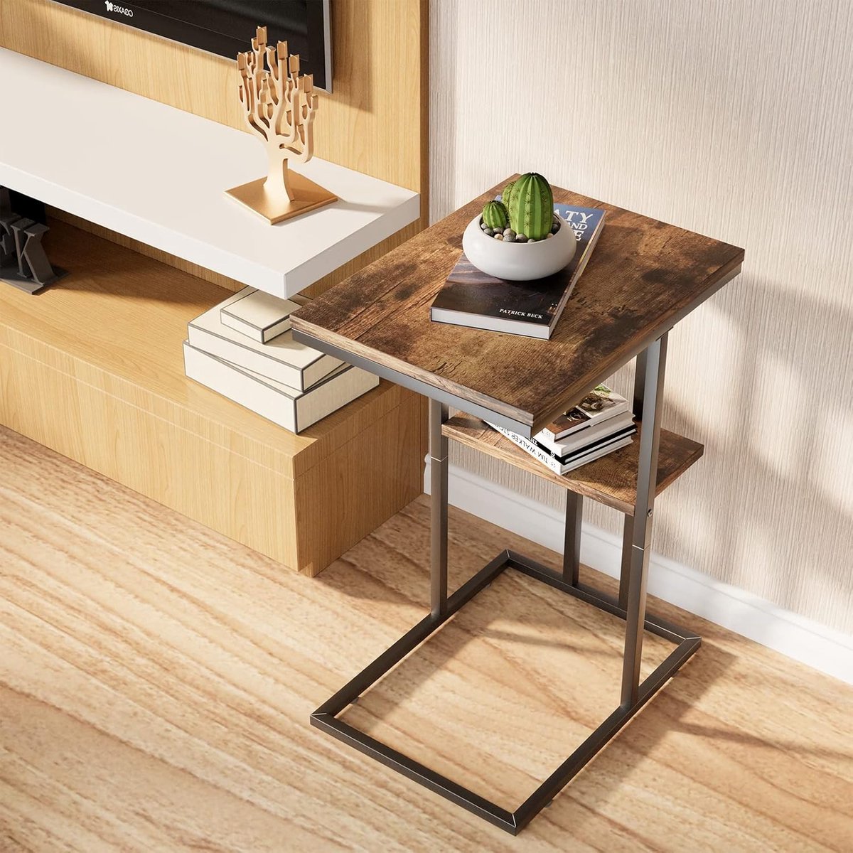 COSTWAY Bijzettafel C-vorm, banktafel met metalen frame, salontafel