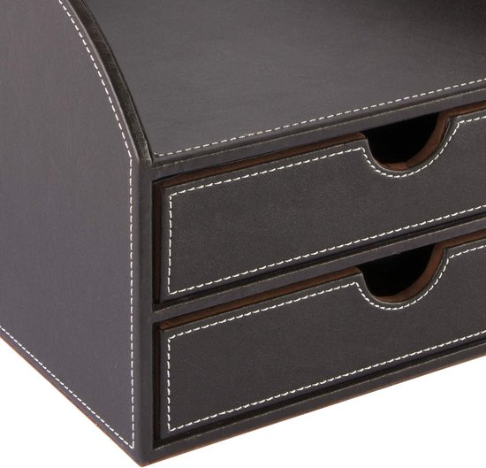 OSCO Zwarte bureau-organizer van kunstleer met lade, opgeruimd bureau, pennenhouder, make-upcontainer, potloodopbergruimte, 6 vakken, schrijfgerei, 10 x 23 x 12 cm (h x b x d