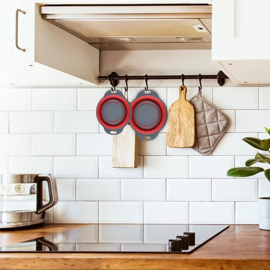 2 stuks pastazeef, opvouwbare zeef, vouwzeef, afdruipzeef in siliconen, doorslagzeef, keukenzeef, comfortabel wassen van groenten en fruit, pastafiltering, opslag in de keuken, camping dragen — afbeelding 4