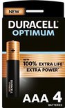 Nieuwe Duracell Optimum AAA-batterijen (4 stuks). Zwarte batterijen met gouden banden. 'Tot 100% extra levensduur of extra kracht'.