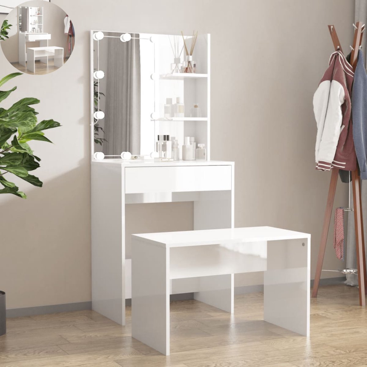 Kaptafel met spiegel en verlichting - Make up tafel - Make up - Toilettafel -Met lades - Bankje - 60 x 40 x 140 cm - Hoogglans wit