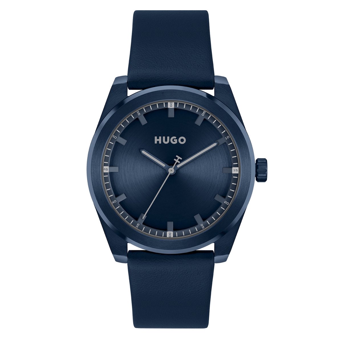 HUGO HU1530352 #BRIGHT Heren Horloge - Mineraalglas - Staal-Leer - Blauw - 42 mm breed - Quartz - Gesp - 5 ATM (douchen)